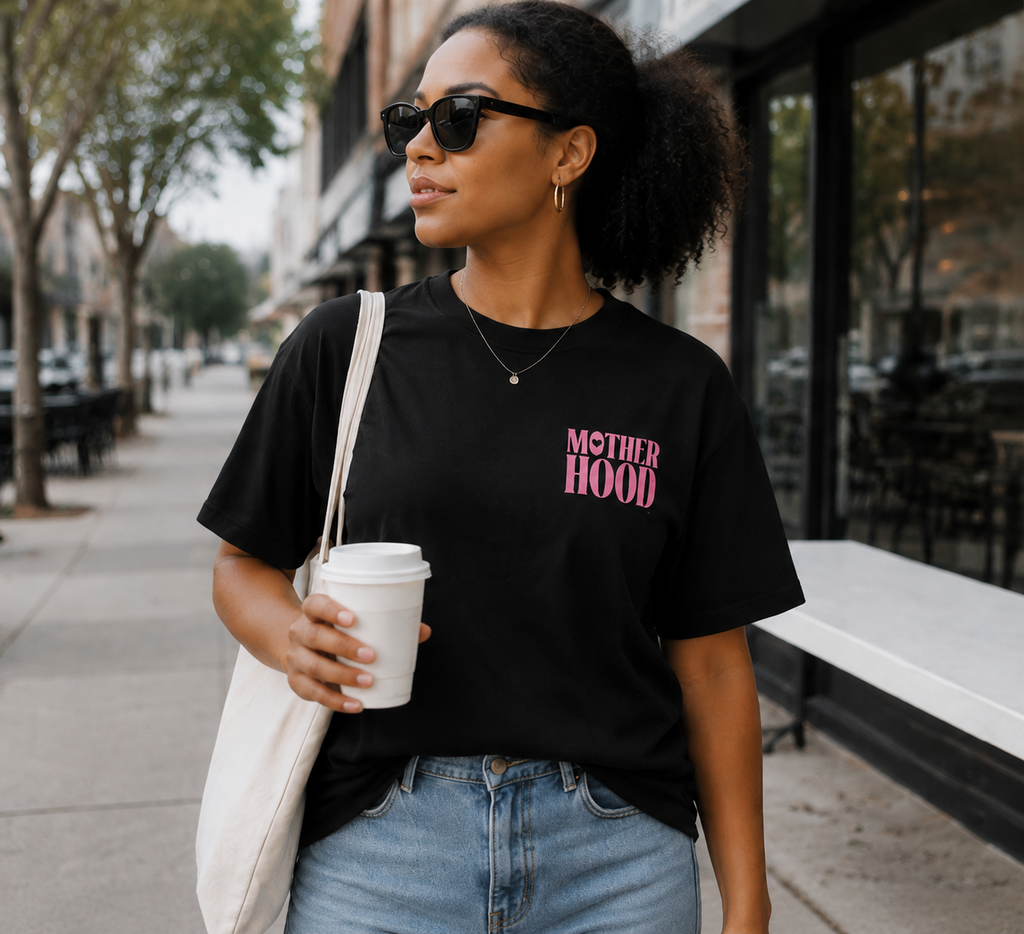 "Motherhood" Double-Sided Print T-Shirt – 100% Cotton, Black, Loose-Fit, Mother's Day Themed Short-Sleeve Tee for Moms