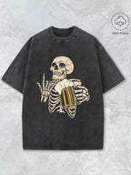 Couples Vintage Washed Print T Shirt Skeleton Holding Beer Graphic Crew Neck Short Sleeve Loose Fit Straight Hem Design