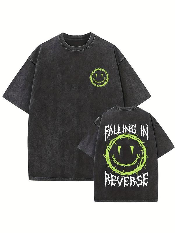 Couple Matching Vintage Washed Printed T Shirt Green Thorn Smile Graphic Crew Neck Short Sleeve Loose Fit Straight Hem Design