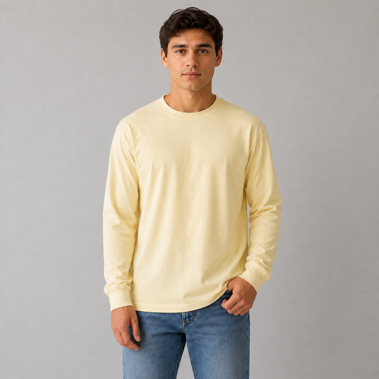 Men's apricot pure cotton crew-neck T-shirt—easy to style all year round.