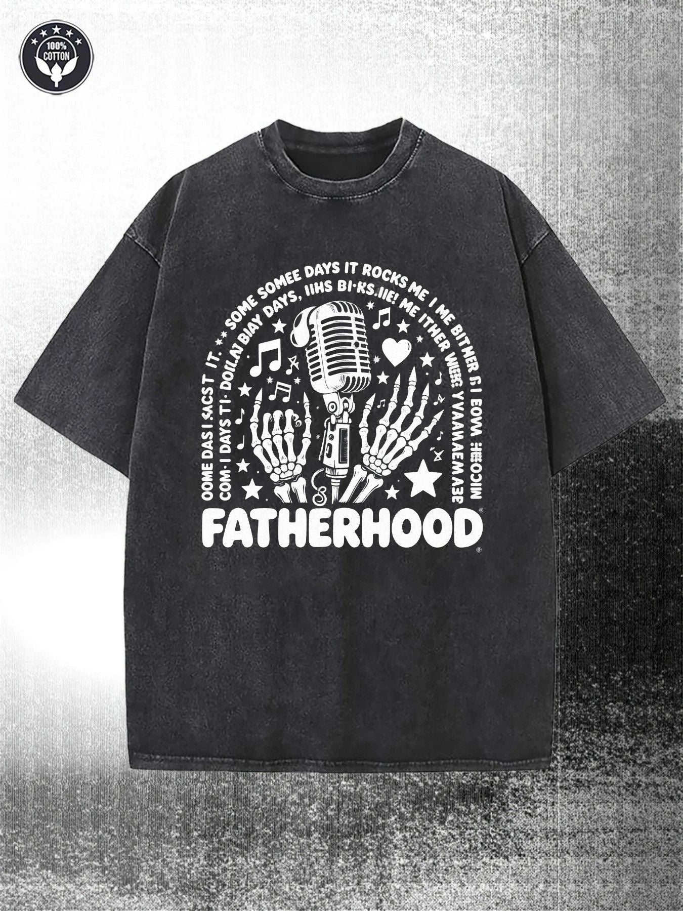 230g Washed Batik Black Denim Style T-Shirt | Decorated with Vintage Microphone, Musical Notes, and Skull Hand Patterns, Printed with "SOME DAYS IT ROS ME" | Street Style and Music Enthusiast Casual Crew Neck Short Sleeve