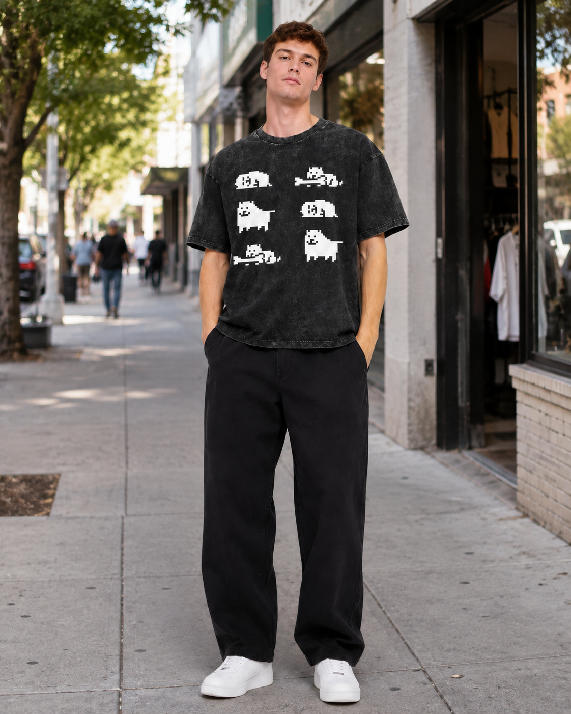 Vintage-Wash Oversized Short-Sleeve T-Shirt | Unisex — Playful Pixel Dog Graphic (Undertale-Inspired)