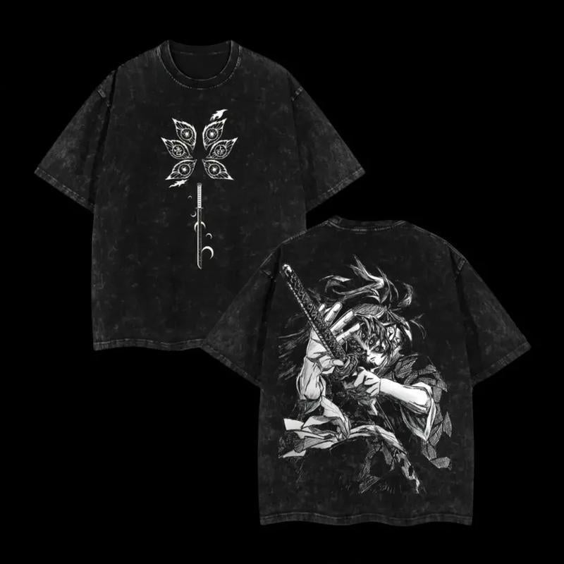 25 New Fashion Hot Anime Demon Slayer Kokushibo Corps T-shirt Men Washed Cotton Casual Loose Harajuku Male Vintage Tees Tops Distressed Festive