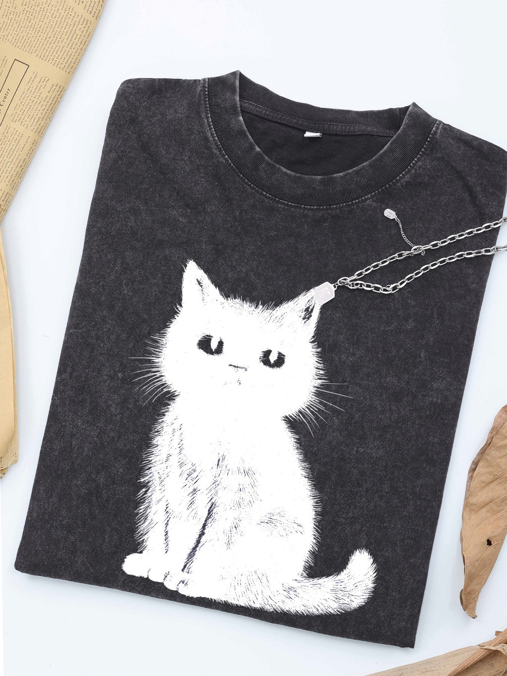 Men'S Casual Retro Washed 230G Short Sleeve Cute Cat T-Shirt | Breathable, Sweat-Absorbing, Comfortable, Crew Neck, All-Season, Machine Washable, Perfect Gift for Friends on Holidays, Sweat-Resistant