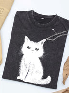 Men'S Casual Retro Washed 230G Short Sleeve Cute Cat T-Shirt | Breathable, Sweat-Absorbing, Comfortable, Crew Neck, All-Season, Machine Washable, Perfect Gift for Friends on Holidays, Sweat-Resistant