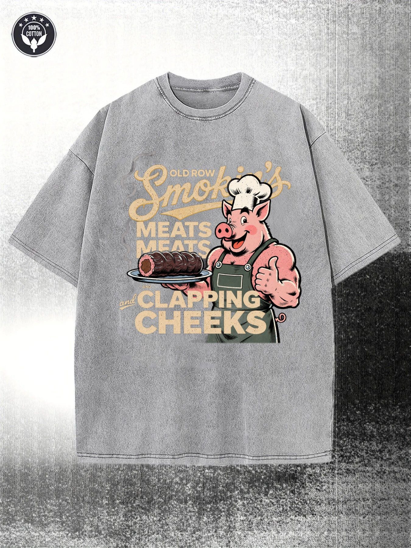 Men'S Heavy 230gsm Washed Bataker Vintage Barbecue Pattern T-Shirt | Meat and Cooking Design, Street Style Short Sleeve Crew Neck, All-Season Leisure, Suitable for Outdoor Activities and Holiday Gifts, Machine Washable