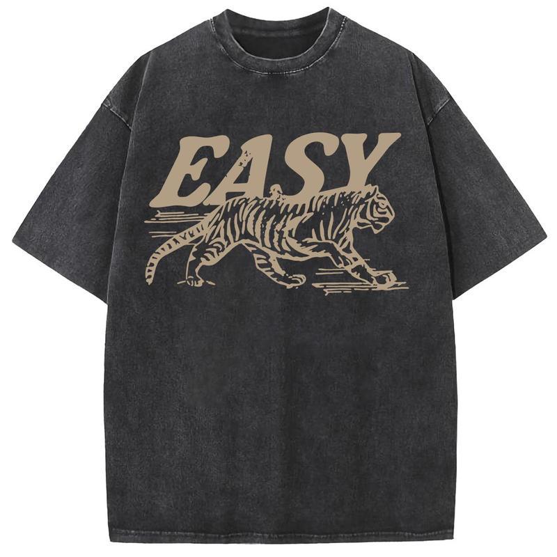 Washed T-shirt - Easy Tiger T-shirt - Casual round neck, long sleeves, pattern design, multiple colors to choose from, suitable for both men and women - Top