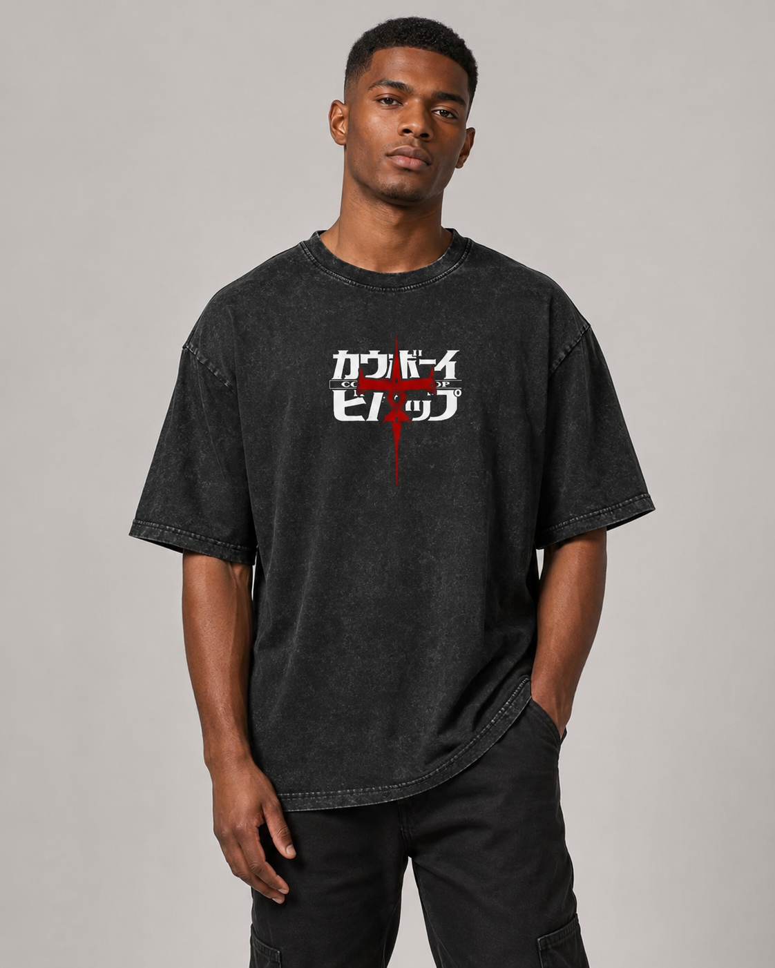 Vintage-Wash Short-Sleeve T-Shirt | Cowboy Bebop Double-Sided Print (Retro Cyber-Manga Style) | Unisex Oversized Fit
