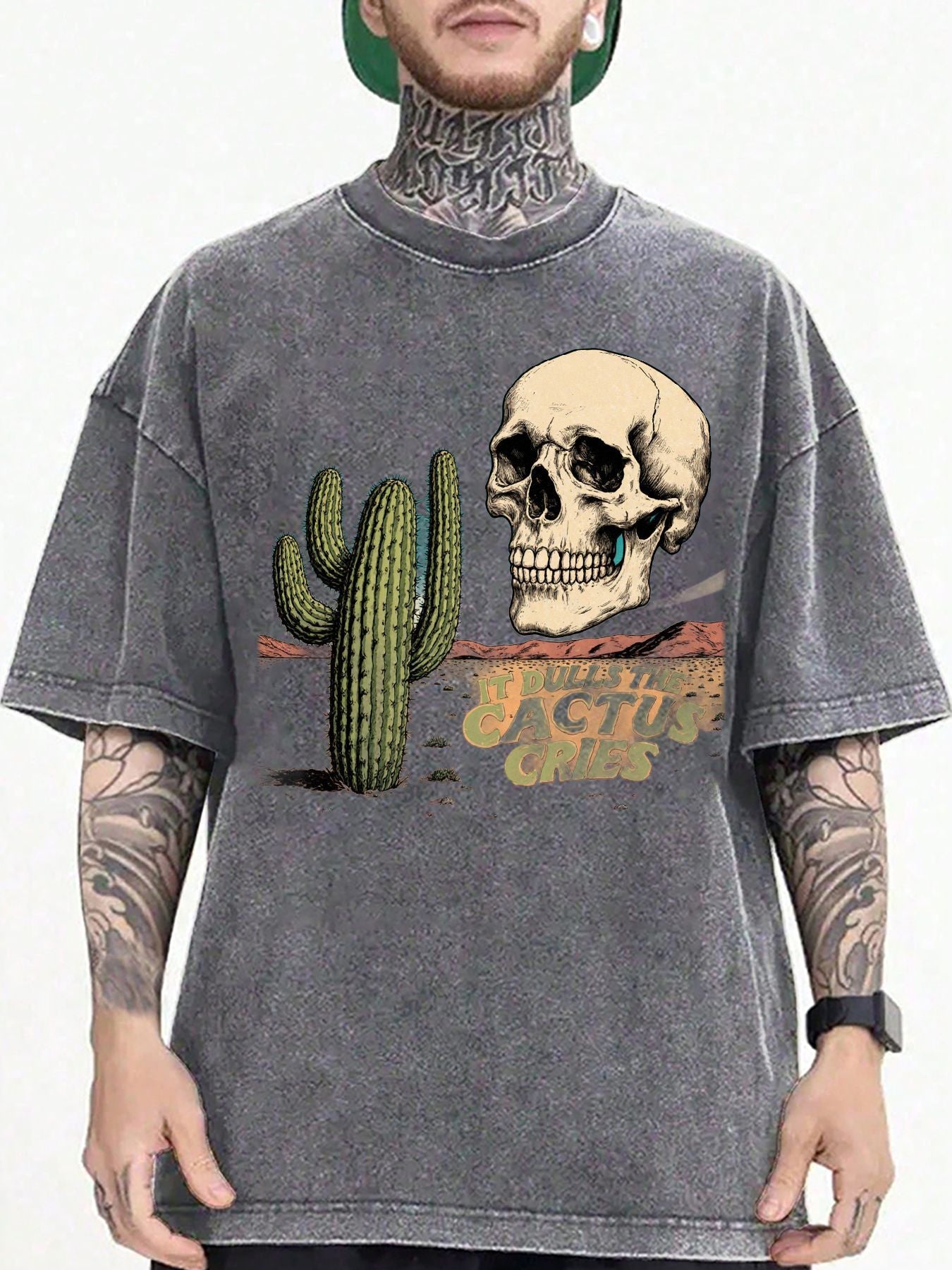 Men'S 100% Vintage Washed Black T-Shirt | Distressed Acid Wash Desert Skull & Crying Cactus Pattern "When the Cactus Cries", Loose Fit Drop Shoulder Crew Neck, Breathable Casual Street Style Shirt for Men1:1