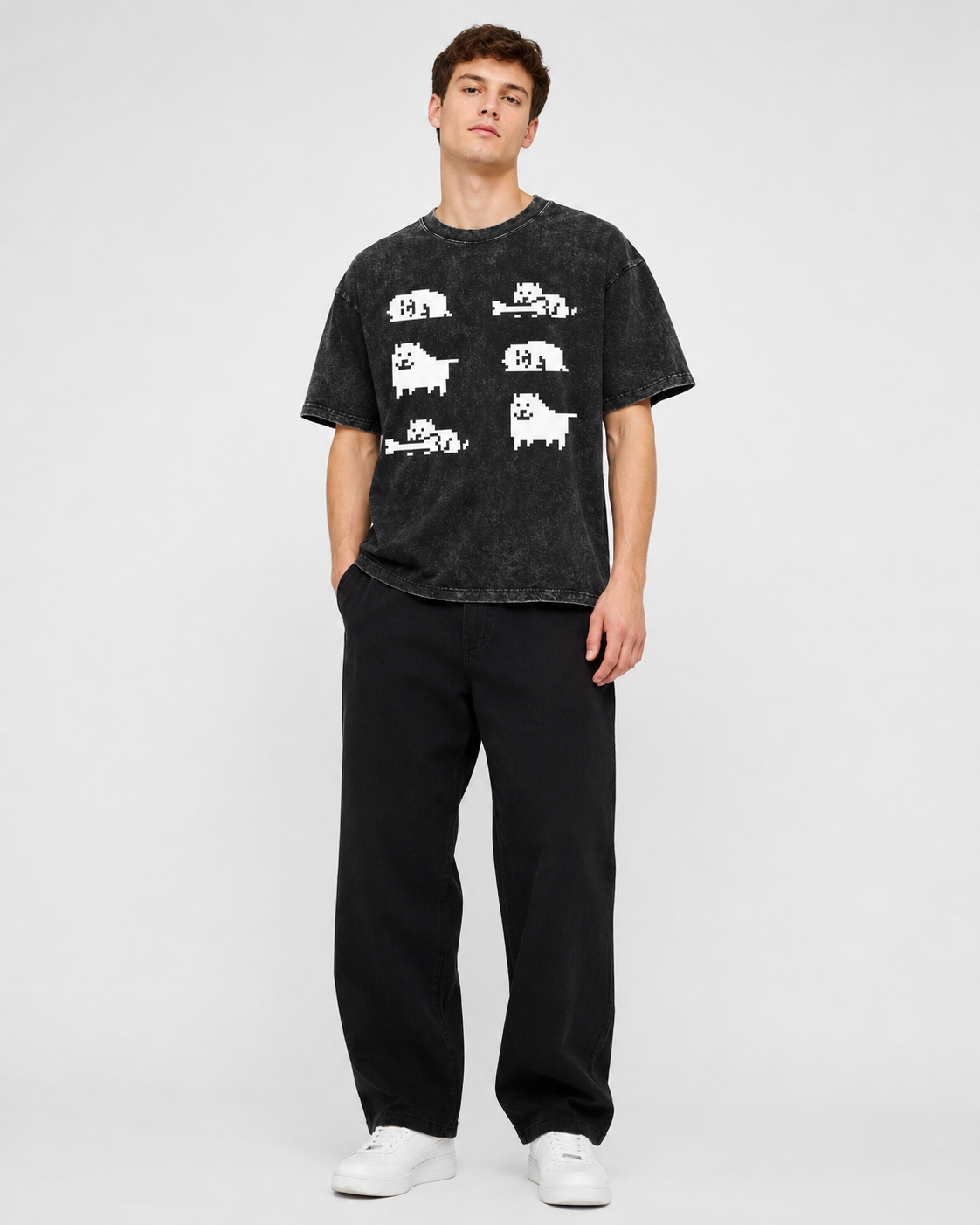 Vintage-Wash Oversized Short-Sleeve T-Shirt | Unisex — Playful Pixel Dog Graphic (Undertale-Inspired)