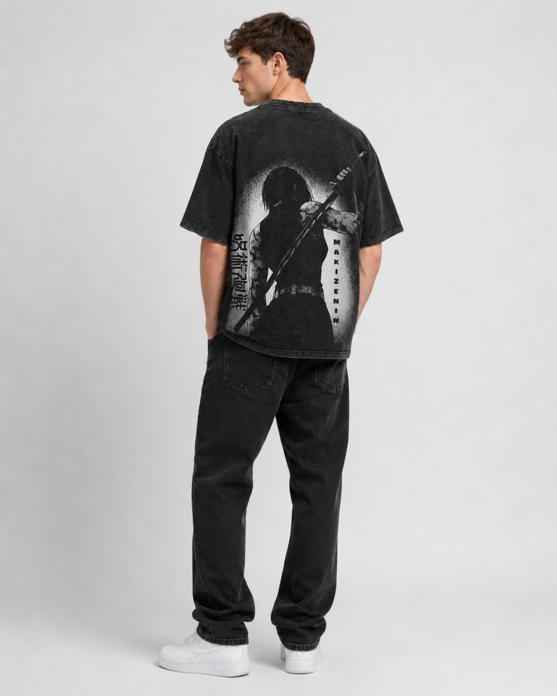 American-style acid-washed distressed *Jujutsu Kaisen* Maki Zenin graphic T-shirt (front & back print); heavyweight, oversized, dark-aesthetic anime tee—unisex vintage style.