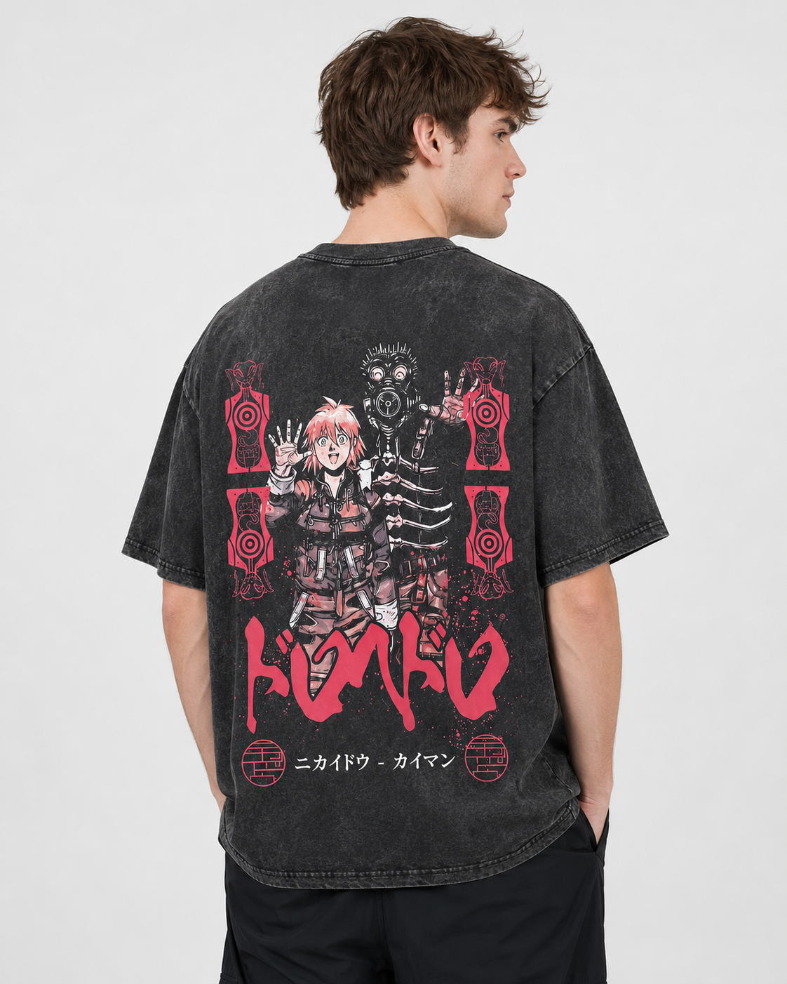 American-style acid-washed distressed alien-themed Shanghai print short-sleeved T-shirt, heavy-duty wash, oversized, dark anime style, unisex retro T-shirt.