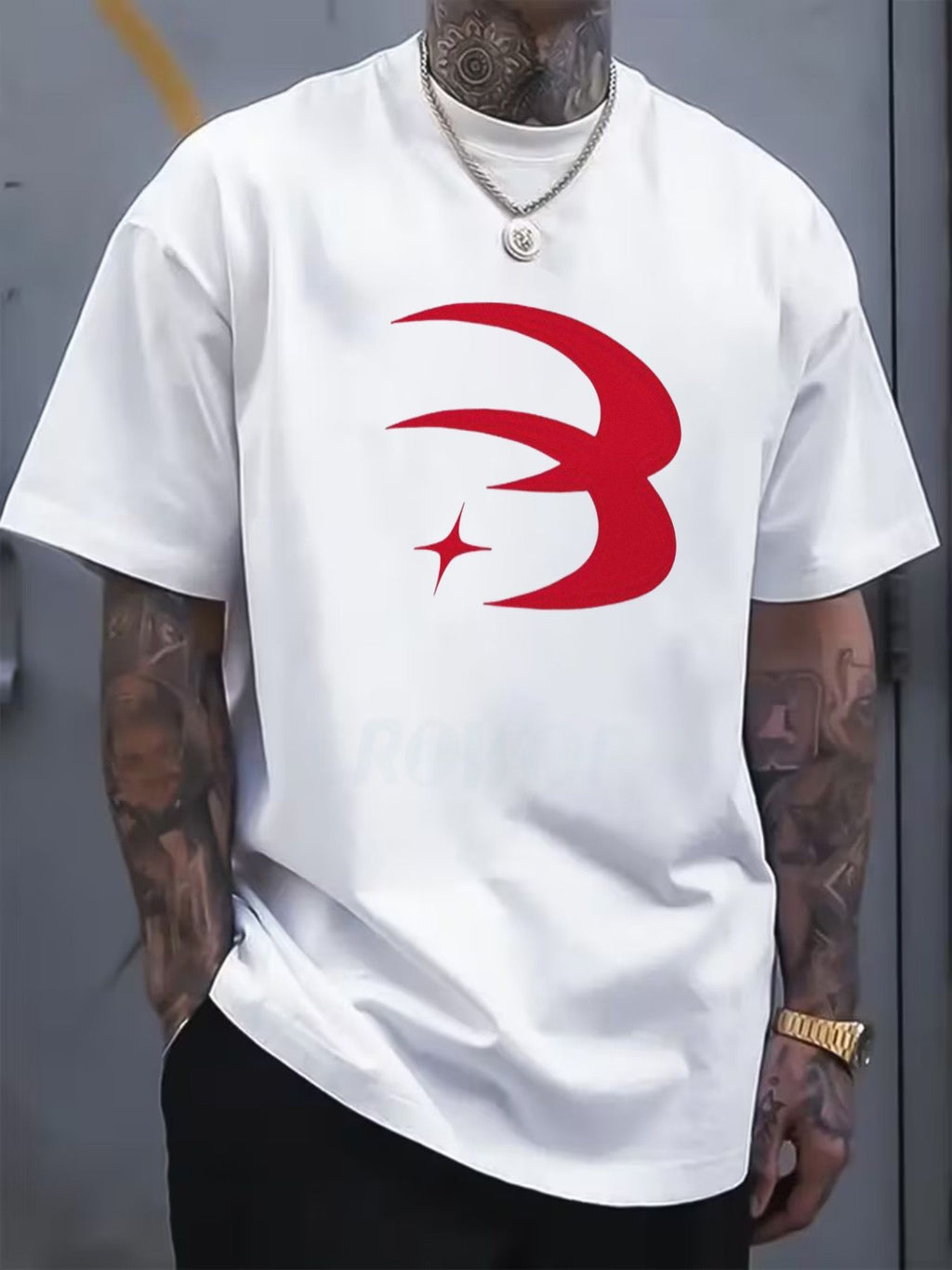 Stylized 'B'-like Logo Red Star 'CROW' Text Cotton T-Shirt, Casual Crew Neck, Short Sleeve, Comfortable for Daily Wear - Unique Design for Men