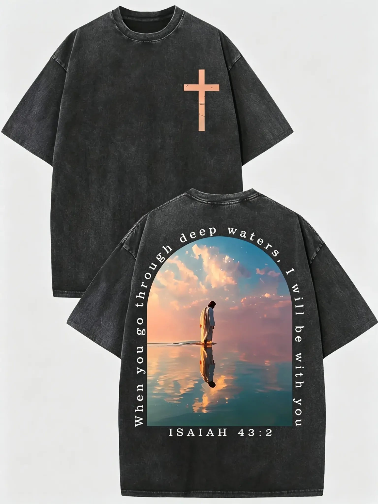 American Retro Faith-Themed T-Shirt – Double-Sided Print (Jesus Walking on Water) – High-Street Style Top