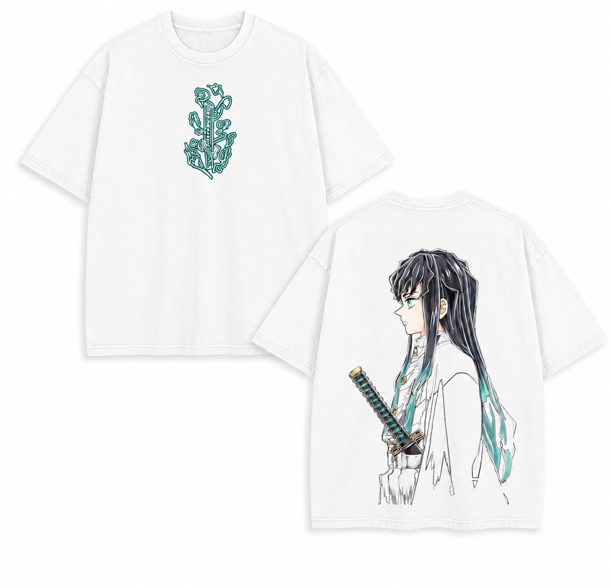 Demon Slayer: Kimetsu no Yaiba Mist Hashira Muichiro Tokito Sword Pattern Stonewashed Distressed T-Shirt, Drop-Shoulder Loose Fit, Heavyweight Cotton, European and American Style, Unisex, Retro Couple Top