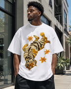 American-style acid-washed distressed, relaxed look with tiger and floral illustrations. Heavyweight vintage wash, oversized, loose fit, unisex T-shirt.