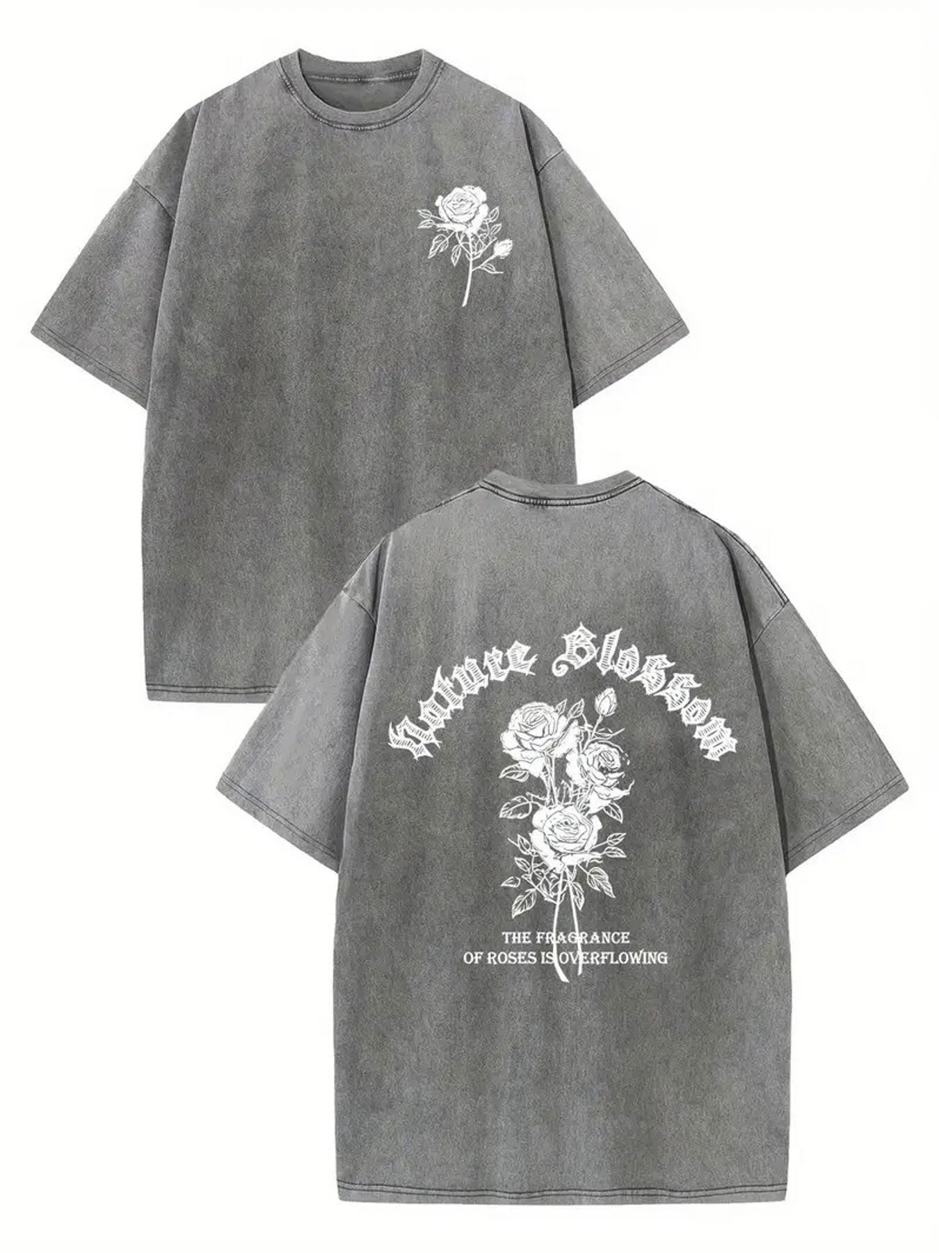 Men'S Vintage Washed T-Shirt - Double-Sided Soft Textured Crew Neck, Retro Street Style with Rose Print & "Love Goes On" Lyric Back Design, All-Season Casual Wear, Perfect Gift for Men, Soft Breathable Fabric, Regular Fit (Machine Washable) - Ideal