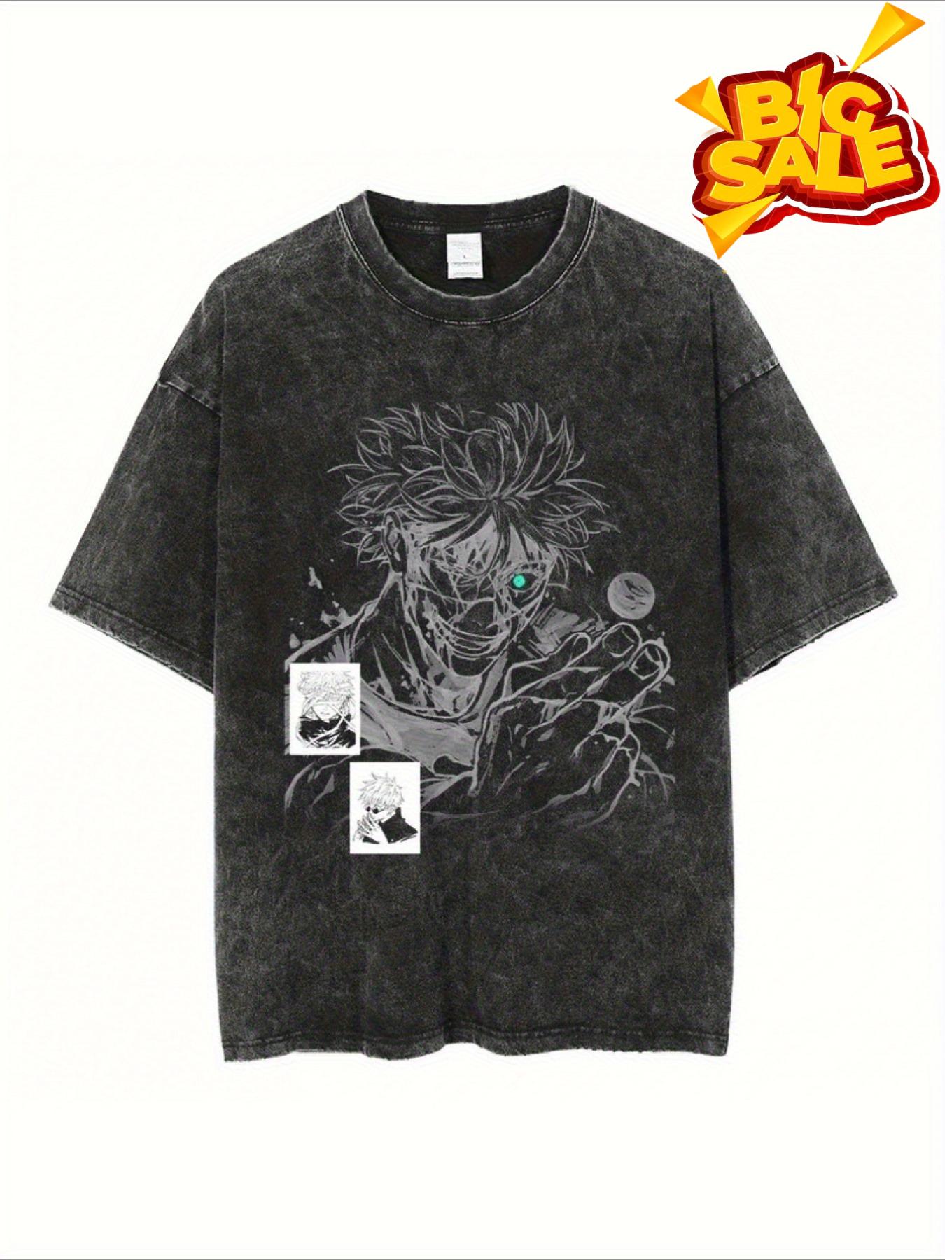 Men's Vintage Black Anime T-Shirt - Hip Hop Harajuku Style, 100% Washed Cotton Short Sleeve, All-Season Regular Fit