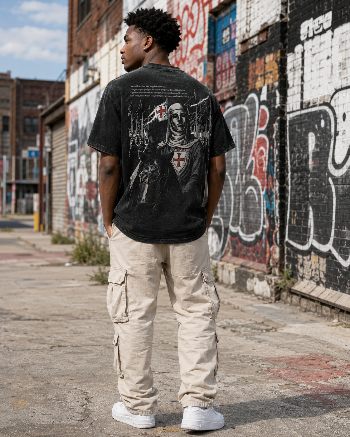 Vintage-Washed Black T-Shirt – Templar Red Cross Shield & Medieval Crusader – Gothic Wasteland Style – Unisex Loose-Fit Streetwear Short-Sleeve Tee