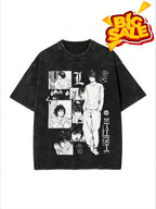 Men's 230g 100% Cotton Washed Black T-Shirt - Death Note Anime Graphic, Breathable Sweat-Absorbent, All-Season Festival Gift