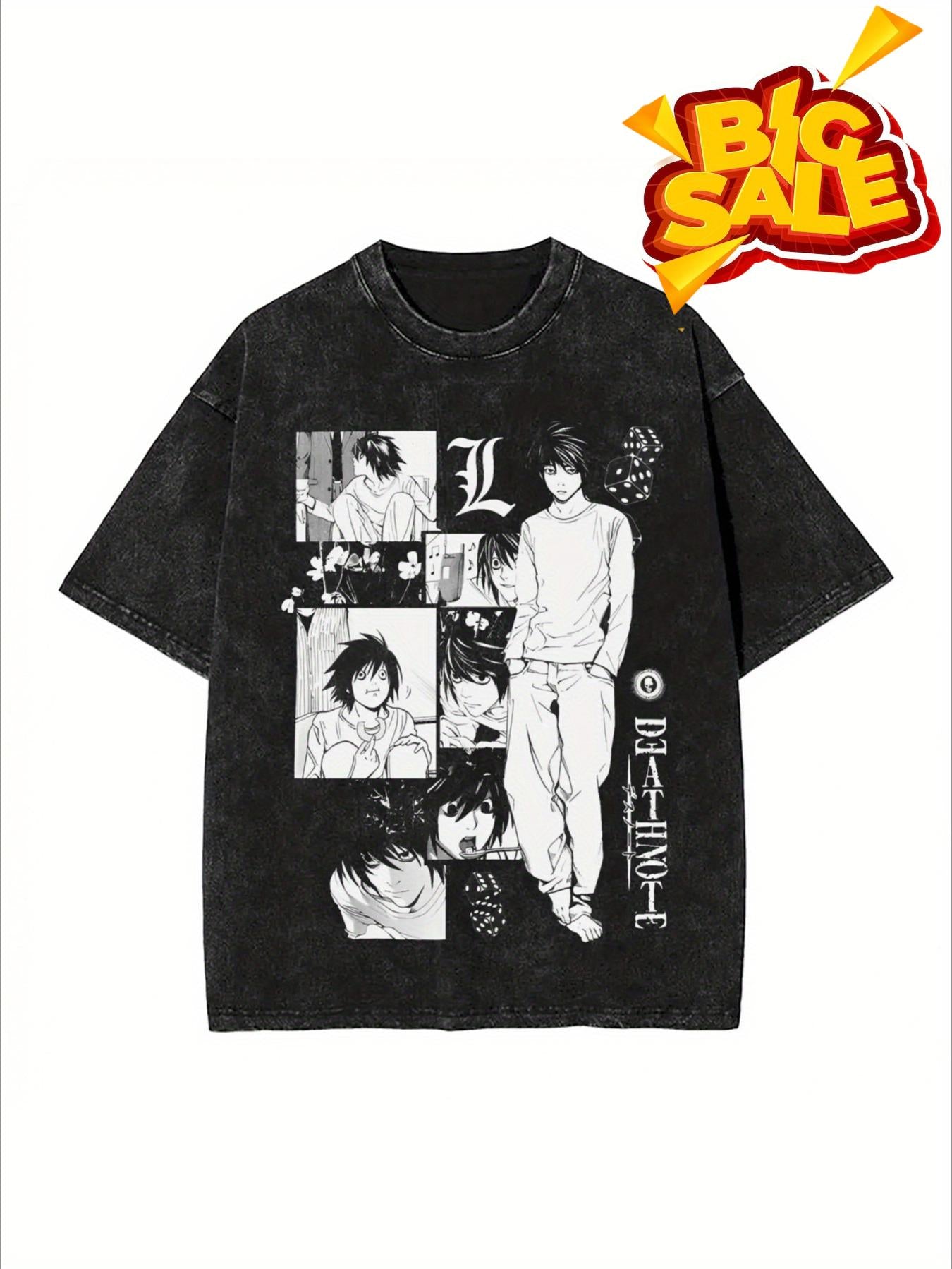 Men's 230g 100% Cotton Washed Black T-Shirt - Death Note Anime Graphic, Breathable Sweat-Absorbent, All-Season Festival Gift