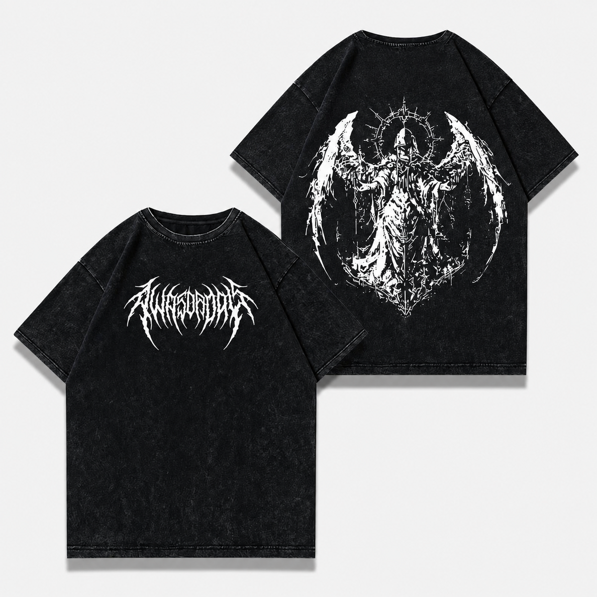 Vintage-wash black T-shirt featuring double-sided prints of a fallen archangel with a thorn halo; dark, heavy metal, and gothic style; loose-fitting short-sleeve unisex design.