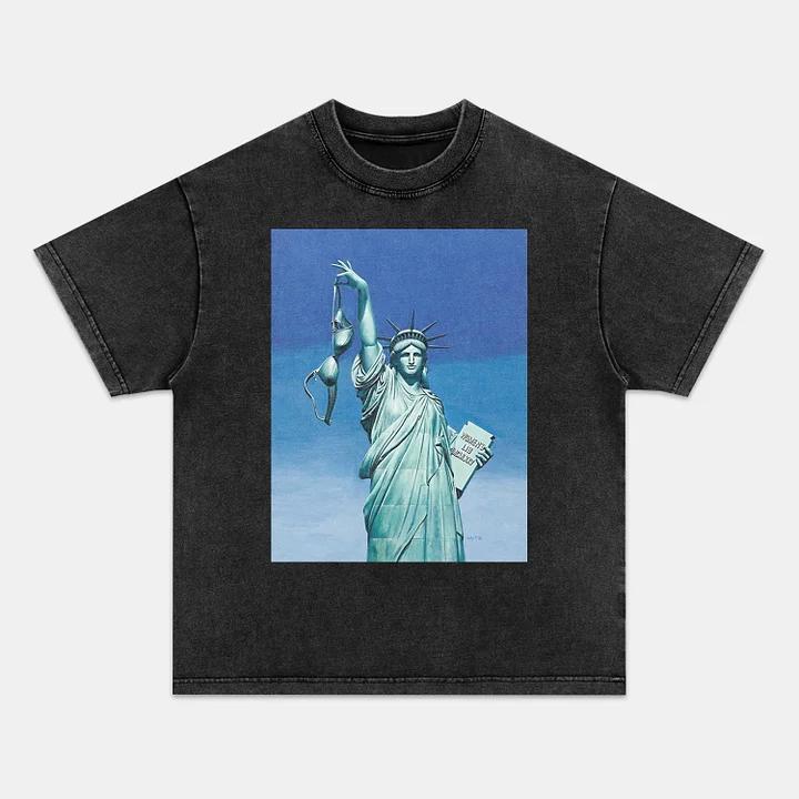 Statue Of Liberty Retro Style Washed Crew Neck T-Shirt,Unisex Fashion Graphic Tee,Streetwear Clothing,Trendy Outfit FO800910