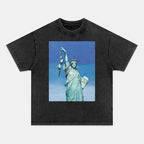 Statue Of Liberty Retro Style Washed Crew Neck T-Shirt,Unisex Fashion Graphic Tee,Streetwear Clothing,Trendy Outfit FO800910
