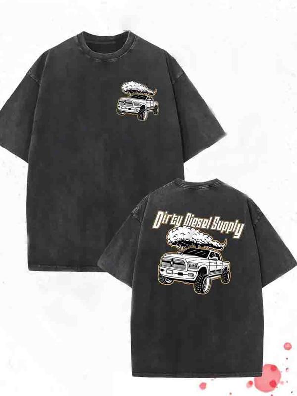 Men's 230G Heavyweight Double-Sided Washed T-Shirt - "Dirty" Graphic Print with Vintage Truck Design, Round Neck Regular Fit Short Sleeve Tee for All-Season Casual Outdoor Hiking & Holiday Gifts