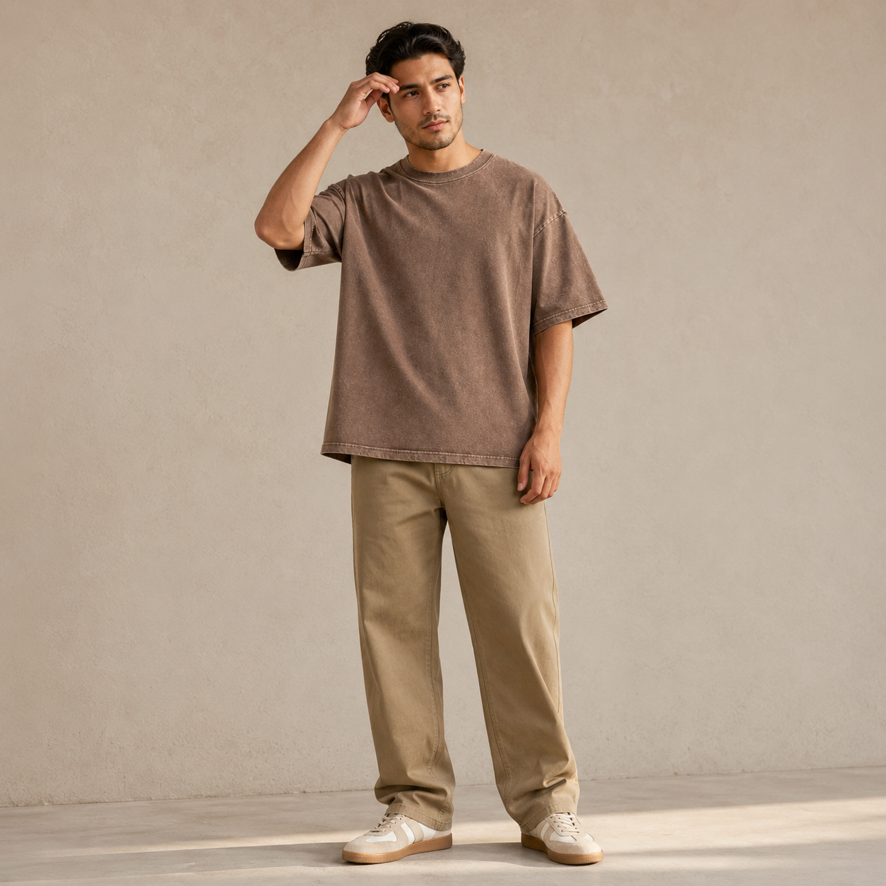Washed Brown Loose-Fit Short-Sleeve Tee | Heavyweight Cotton T-Shirt with Retro Street Style