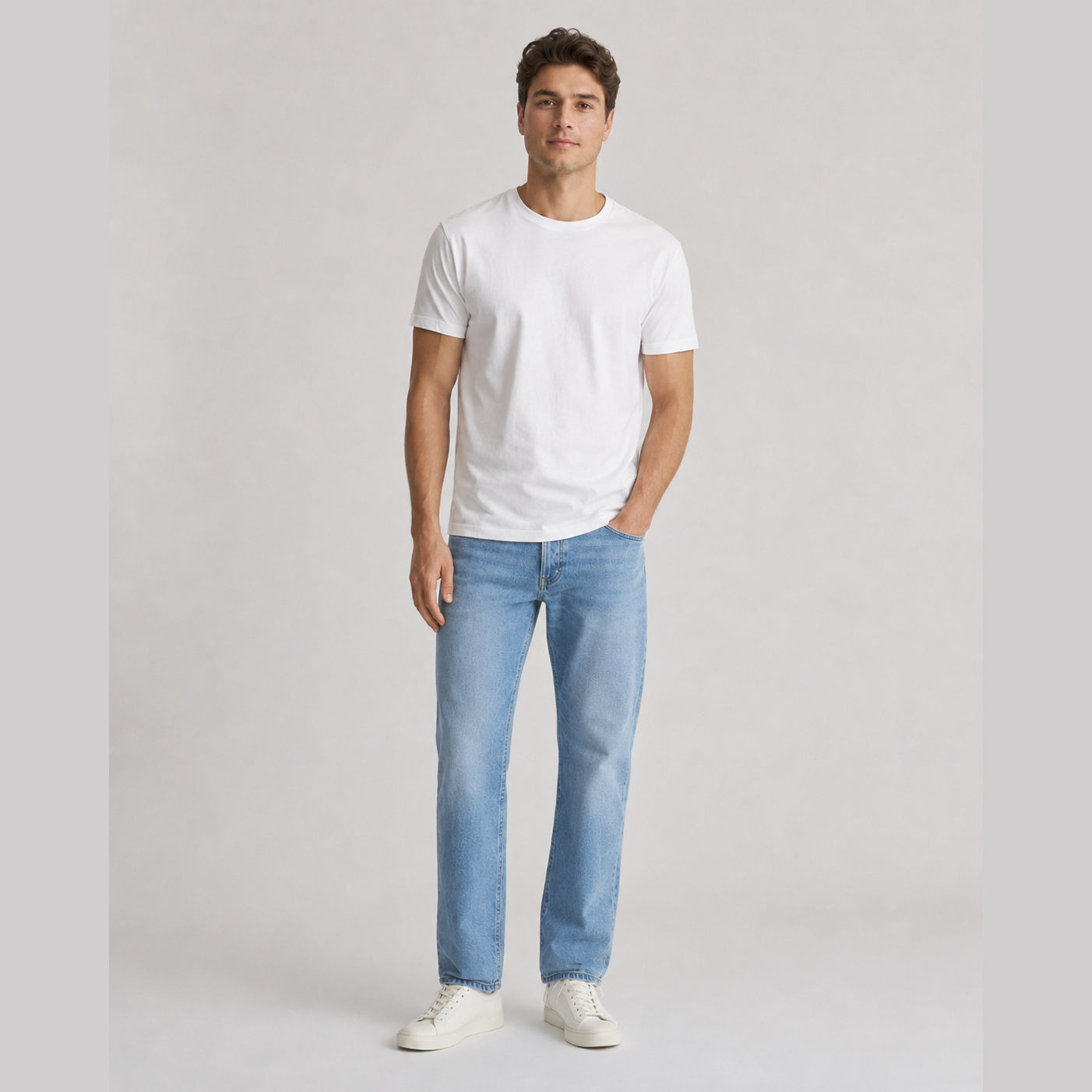 Men's white pure cotton crew-neck T-shirt—a versatile wardrobe essential.