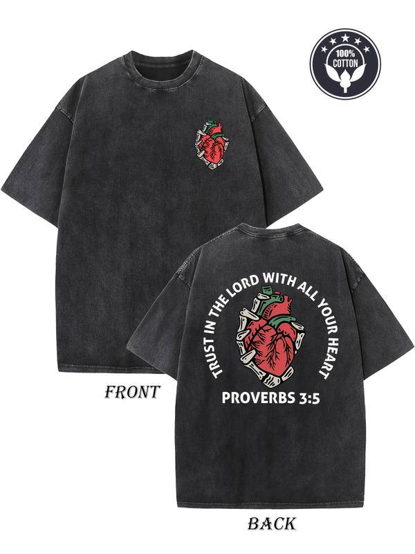 Couples Vintage Washed Print T Shirt Anatomical Heart Design Embroidered Front And Back Round Neck Short Sleeve Oversized Relaxed Fit Straight Hem Casual Top