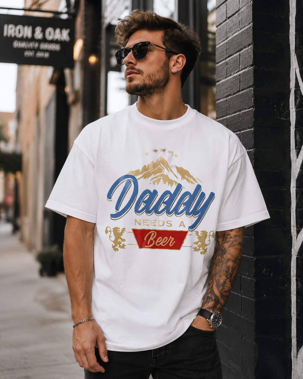 American-style vintage "dirty-wash" T-shirt with a fun slogan; features a distressed, faded finish—a versatile, casual short-sleeve top perfect for Father's Day.