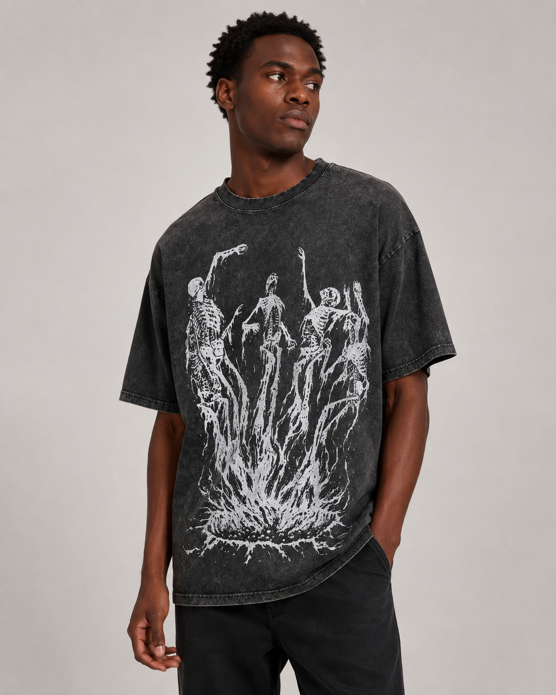 Acid-Washed Vintage Short-Sleeve T-Shirt | Dark Fantasy Flame Monster Graphic — American High-Street Oversized Unisex Tee