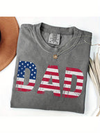 Men's 230g Washed Cotton T-Shirt with DAD Patriotic American Flag Print - Light Blue Retro Casual Shirt Suitable for Father's Day Gifts, Summer & Outdoor Activities, Breathable Year-Round Wear, Machine Washable Flag Apparel