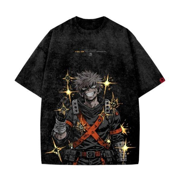 Vintage-Wash Short-Sleeve T-Shirt | *My Hero Academia* Katsuki Bakugo Comic-Style Graphic Print | American-Style Oversized Unisex Anime Tee
