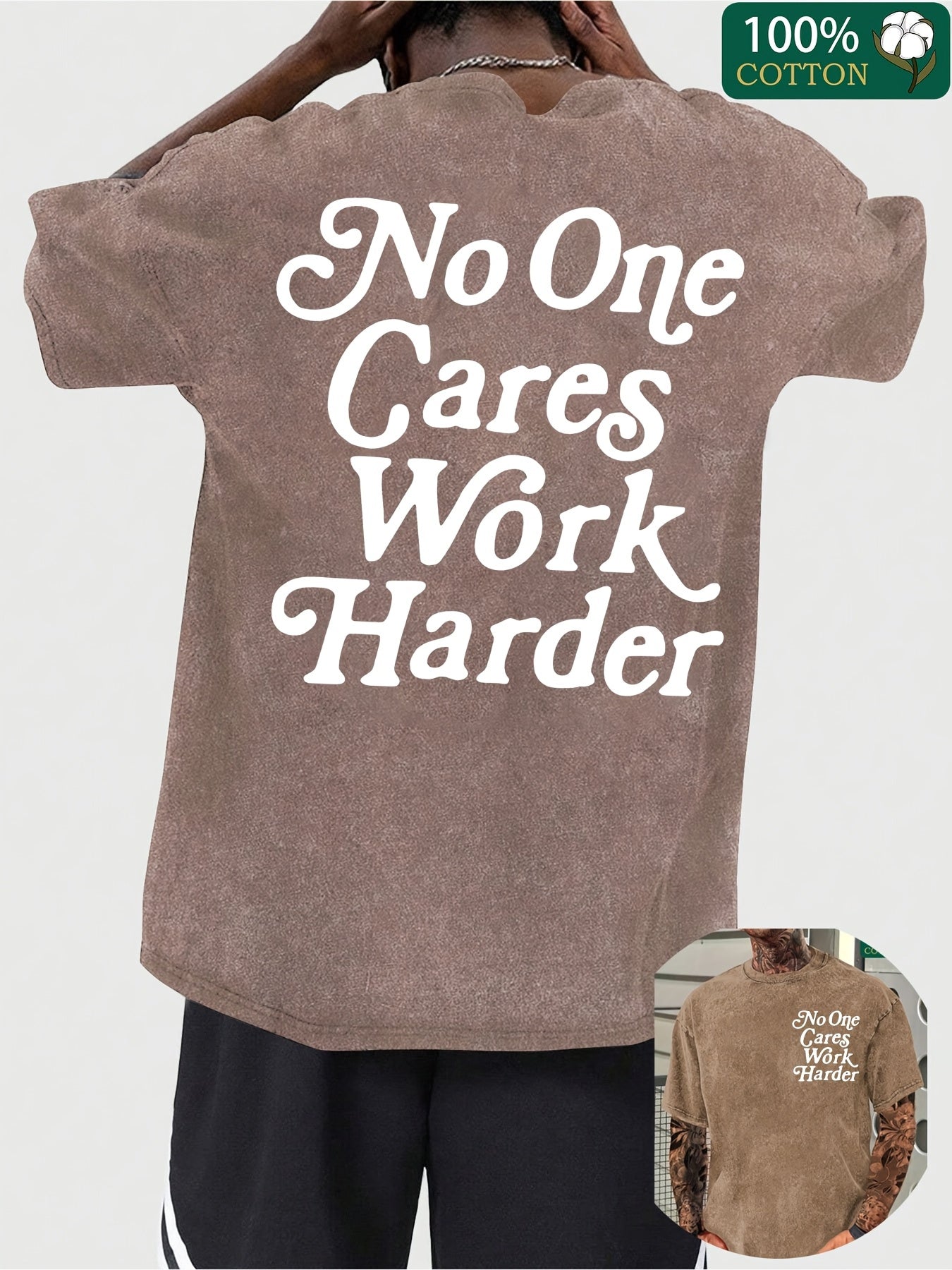A Unisex Vintage-Style T-Shirt Featuring The Phrase "No One Cares Work Harder". It Has a Casual Round Neck, Short Sleeves, And Is Made from Knitted Fabric, Making It a Basic Piece Suitable for Everyday Wear in Spring And Autumn.