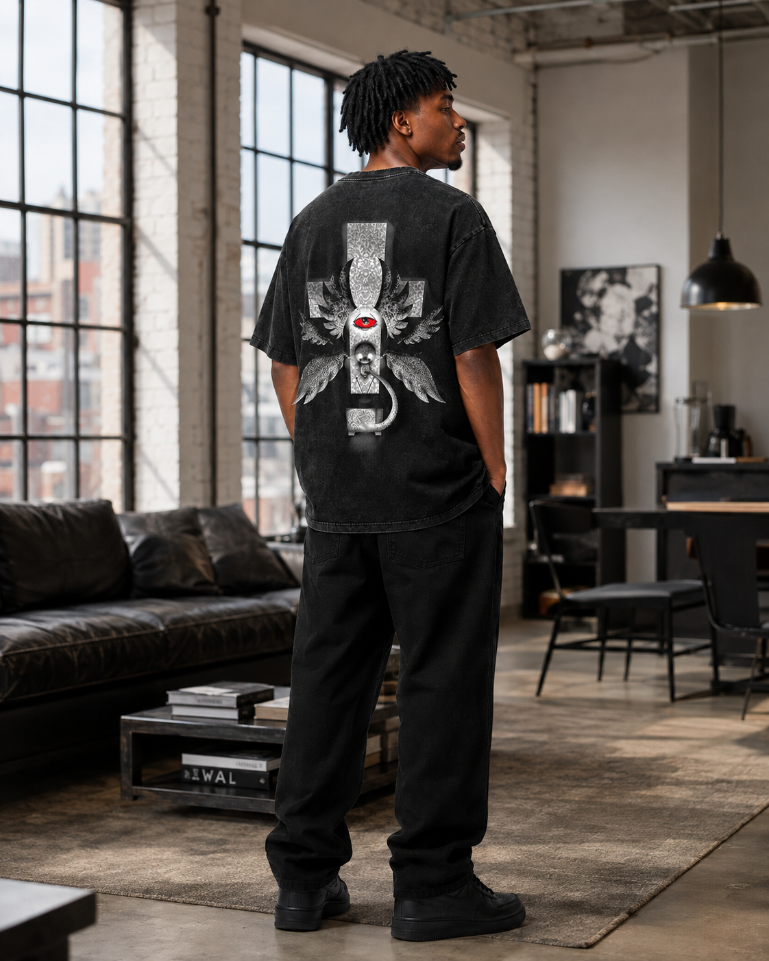 Vintage-Wash Oversized Short-Sleeve T-Shirt | "Angel's Eye & Cross" Dark Subculture Double-Sided Print (Unisex)