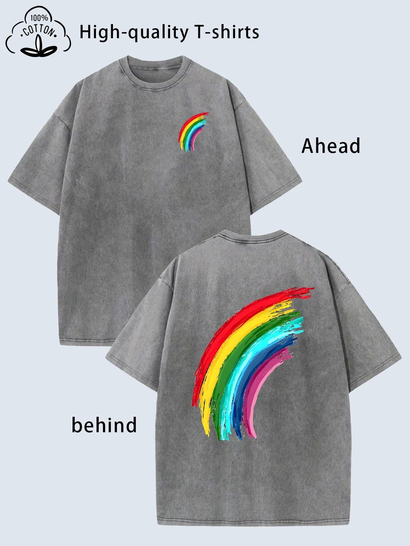 Men's Heavy Vintage Washed 70s/80s Retro T-Shirt - Rainbow Arch & Face Print Soft Breathable Fabric, Loose Fit Round Neck Short Sleeve with Front/Back Colorful Arches Suitable for Concerts, Festivals & Daily Wear - Machine Washable 70s 80s Nostalgic