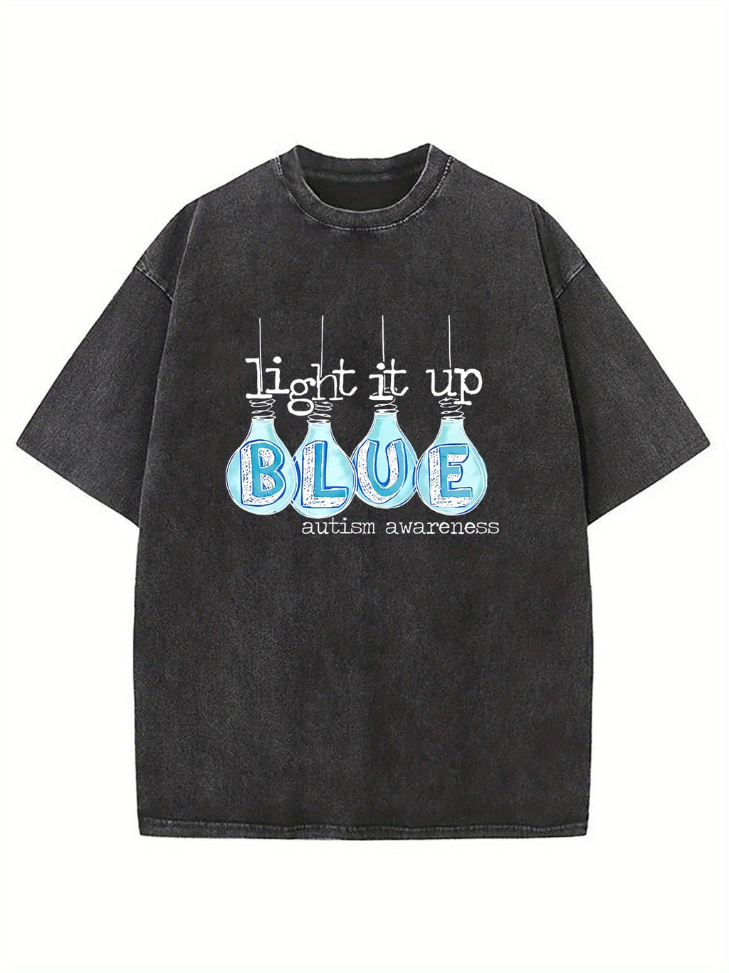 1pc Vintage Street Style Cotton T-Shirt- 230g Washed Fabric, "Light Up Blue" Hope and Friendship Pattern Print, Loose Fit Short Sleeve Round Neck Adult Top, All-Season Casual Wear& Holiday Gift