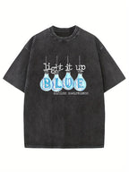 1pc Vintage Street Style Cotton T-Shirt- 230g Washed Fabric, "Light Up Blue" Hope and Friendship Pattern Print, Loose Fit Short Sleeve Round Neck Adult Top, All-Season Casual Wear& Holiday Gift