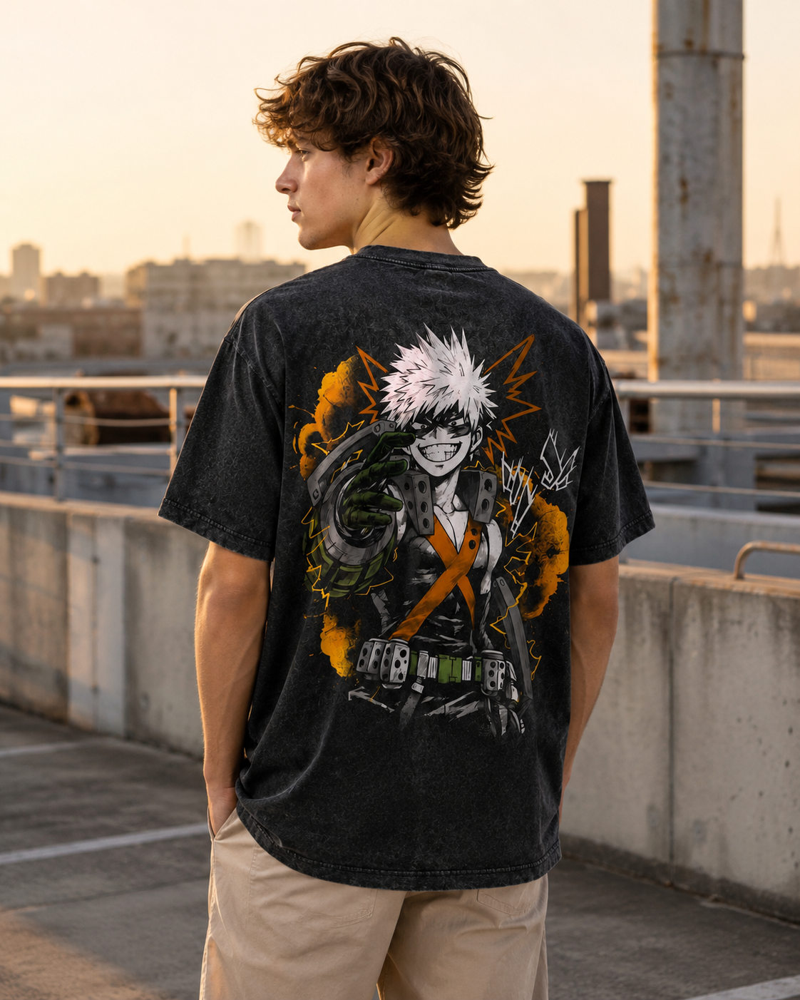 American-style acid-washed distressed Katsuki Bakugo anime print short-sleeved T-shirt, heavyweight retro wash, oversized, loose fit, unisex.