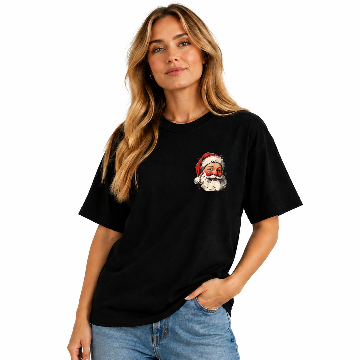 Women's Oversized Washed Cotton Short-Sleeve T-Shirt – Vintage-Style "BIG NICK ENERGY" Santa Claus Double-Sided Christmas Print