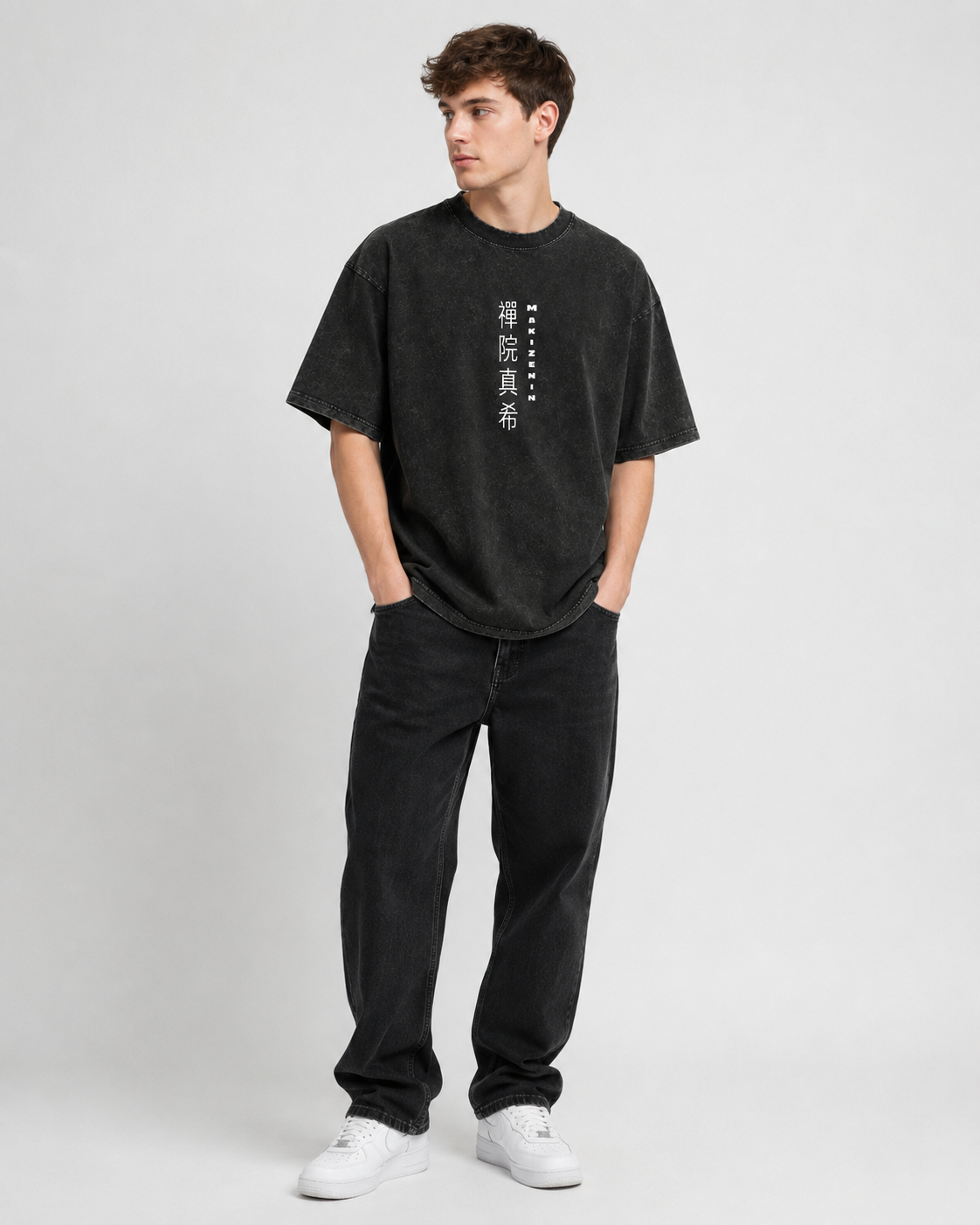 American-style acid-washed distressed *Jujutsu Kaisen* Maki Zenin graphic T-shirt (front & back print); heavyweight, oversized, dark-aesthetic anime tee—unisex vintage style.