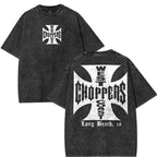 Couples Vintage Washed Print T Shirt Cross Pattern Embroidered Crew Neck Short Sleeve Regular Fit Straight Hem Graphic Design