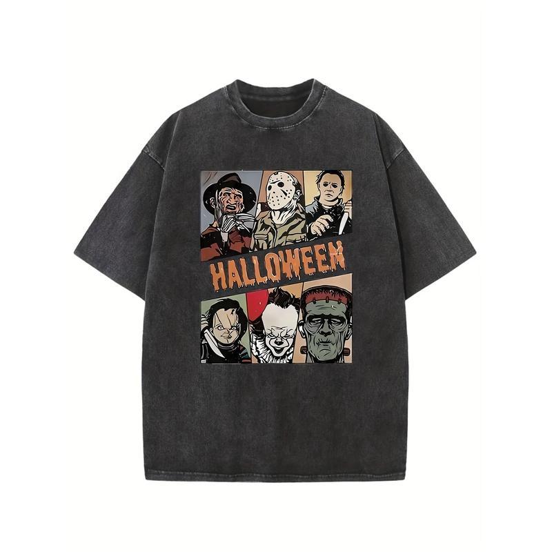Holafish Halloween Printing Vintage Washed High Quality Cotton Patterned T-Shirt Men's T-Shirt Old Summer Clothing Drop Shoulder Sleeve Round Neck Tops Short Sleeve