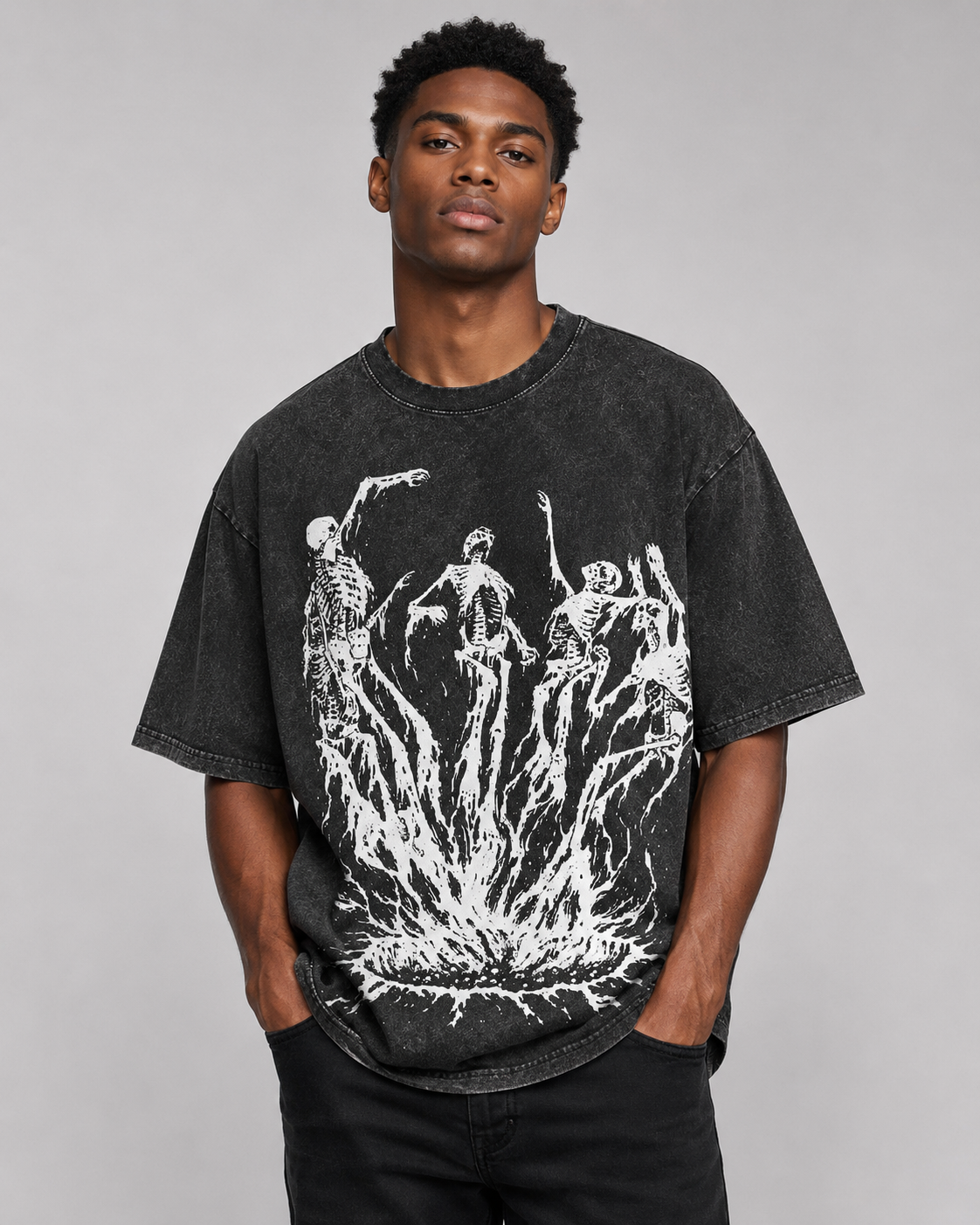 Acid-Washed Vintage Short-Sleeve T-Shirt | Dark Fantasy Flame Monster Graphic — American High-Street Oversized Unisex Tee