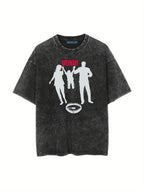 Couples Vintage Washed Print T Shirt Featuring Silhouettes Family Holding Hands With Eye Graphic Crew Neck Short Sleeve Regular Fit Straight Hem Unisex Style