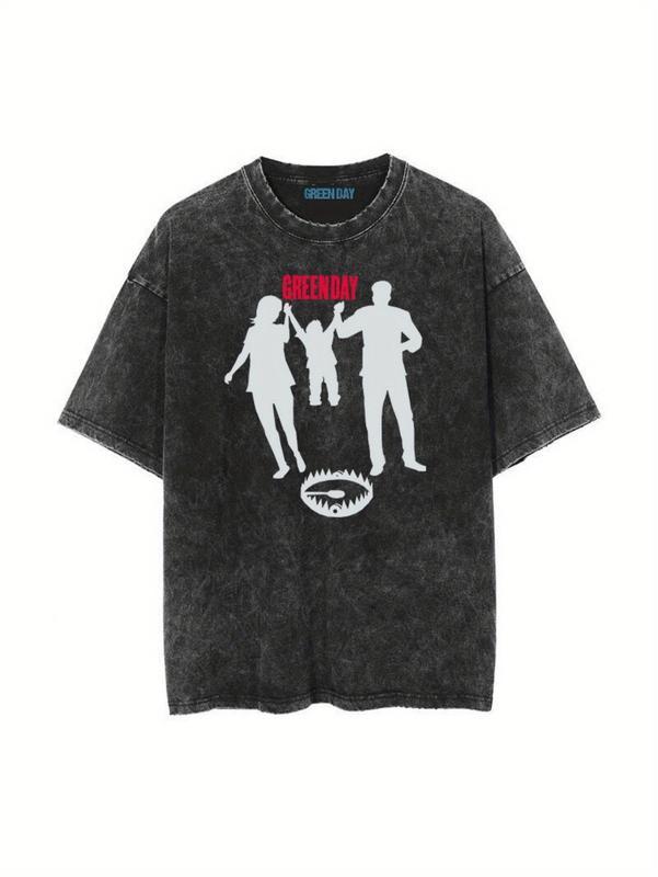 Couples Vintage Washed Print T Shirt Featuring Silhouettes Family Holding Hands With Eye Graphic Crew Neck Short Sleeve Regular Fit Straight Hem Unisex Style
