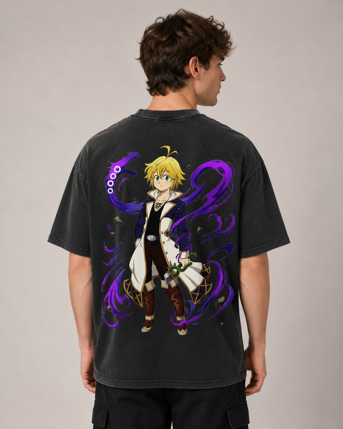 Vintage-Wash Short-Sleeve T-Shirt | *The Seven Deadly Sins* Meliodas Double-Sided Print – Japanese Anime Style, Unisex Oversized Fit